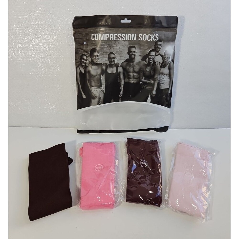 Charmking Compression Socks 4 Pair S/M Unisex Men/Women Pink Brown Knee High